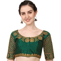 Pujia Mills Women's Phantom Silk Morpankh Half Sleeve Saree Blouse (Morpankh_Green_38 Size+Margin)