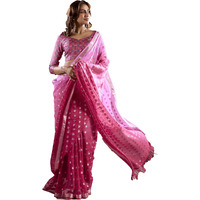 Pujia Mills Woman Pink Pure Georgette Butti Work Zari Woven Banarasi Saree With Unstitched Blouse For Women's Party & Festival Wear