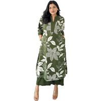 Lookmark Women's Floral Printed Cotton Blend 3/4Th Sleeve Knee Length V-Neck Kurta And Palazzo Set For Women (Az-Lm-Og-Ks2204 Mahendi-S)