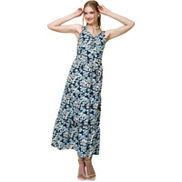 Popwings Casual Georgette Flare Maxi Dress For Women | Sleeveless Long Dress For Women | Printed Dress For Women | Stylish Dress For Women Navy Blue