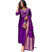 Shiv Textiles Women's Viscose Rayon Embroidered Kurta Pant Dupatta Set(Jda-Akshara-Purple-Xl)