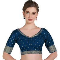 Pujia Mills Women Indian Ethnic Wear Designer Golden Codding With Zari Embroidered Diamond Work Round Neck Half Sleeve Readymade Aari Work Saree Blouse Bridal Readymade Blouse Morpeach Lehenga Choli