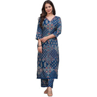 Rytras Women's Pure Cotton Printed Straight Kurta Set With Palazzo Pants - Ethnic Wear, Blue(Ryt618-New,3Xl)