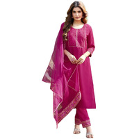 Sanisa Women's Cotton Blend Sequence Embroidery Work Straight Kurta With Pant And Foil Printed Gota Lace Work Dupatta (137Kbd1471Nz-S_Pink2)