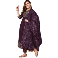 Sanisa Women's Chinnon Printed Anarkali Kurta With Pant And Printed Dupatta (63Kbd722Nz-L_Wine)