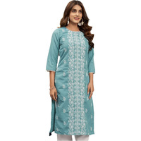 Sanisa Women's Rayon Blend Chikankari Embroidery Straight Kurti (476K10041N-M_Turquoise)