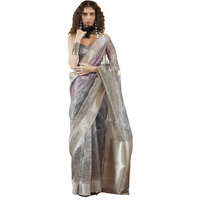 Satrani Women's Organza Floral Printed Banarasi Jacquard Saree With Unstitched Blouse Piece (3777S104N_Beige & Moss Green & Lavender)