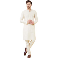 See Designs Men Full Sleeve Mandarin Collar Side Slit Ivory Cotton Solid Straight Kurta With Matching Pyjama - Sdkt2413-17M