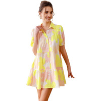 Shasmi Women's Yellow Flower Print Short Sleeve Button Front All-Over Printed Dresses, Ruffle Hem Smock Dress For Woman (161 Dress Yellow-M)