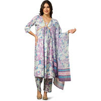 Greciilooks Women Semi Cotton Alia Cut Regular Fit Kurta Set (Purple, Small)