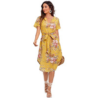 Shasmi Women's Rayon Blend A-Line Knee-Length Notch Neck Split Curved Hem Belted Dress (Stylish Western Party Yellow_S)