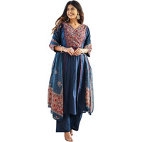 Stylum Women's Ajrakh Printed Cotton A-Line Kurta Pant Dupatta Set (Kpdblueheera44_Blue, 2Xl)