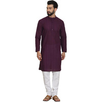 Sojanya (Since 1958 Men's Cotton Thread Embroidered Wine Kurta With White Churidaar Pyjama