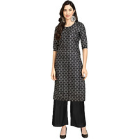Patlani Women's Cotton Blend Printed Straight Kurta Black-Zigzeg-S