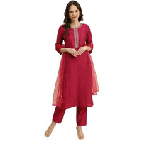 Varanga Magenta Embroidered Kurta Paired With Straight Trouser And Digital Floral Printed Dupatta