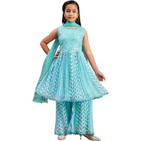 Aarika Girls Ethnic Wear Sea Green Colour Beads Sequins Embroidery Georgette Kurti Sharara Set (5-16 Years)