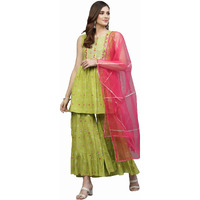 Stylum Women's Bandhej Printed & Embroidered Rayon Kurti Sharara Dupatta Set (Ksdhexagreen40_Green, L)
