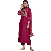 Varanga Women Magenta Sequinn Straight Kurta With Solid Trouser And Dupatta Set
