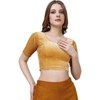 Vihu Fashion Women's Readymade Hosiery Velvet Lycra Stretchable Round Neck Half Sleeve Blouse With Jari Work Fancy Gold Color Lycra Stretchable Blouse For Women Readymade Saree Blouse