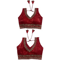 Vihu Fashion Women's Readymade Sleeveless Blouseindian Ethnic Designer Blouse Jimmy Choo Fabric Embroidered V Neck Blouse Back Hook Open Saree Fancy Blouse (Red, 34)