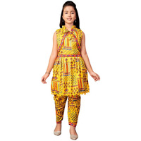 Aarika Girls Ethnic Wear Yellow Colour Abstract Print Crepe Kurti Patiala Set With Jacket (4-13 Years)