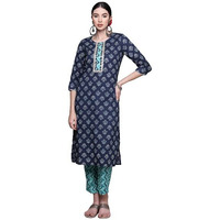 Anubhutee Women's Cotton Blue Gota Patti Work Ethnic Motifs Printed Straight Kurta Suit Set With Pants