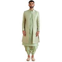 Kisah Men's Indo-Western Kurta Sherwani Dhoti Set, Green Jacquard, Woven Design Regular Fit Mandarin Collar Long Sleeves (38)