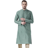 Kisah Men Sea Green Solid Straight Kurta Full Sleaves, Knee Length, Straight, Regular Fit, Mandarin Collar Ethnic Wear