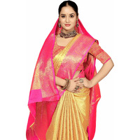 Sugathari Women's Gold And Pink Kanjivaram Banarasi Silk Saree For Patola Festival Wedding Silk With Rich Pallu Design Sarees For Women With Blouse Piece (Gold Star 6)