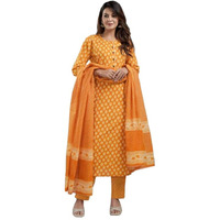 Tadkee Women's Cotton Blend Kurta Set (Fn-Kurta-Set-Dupatta-140-Orange-L_Orange