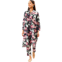 Gufrina Women's Black Floral Printed Long Kurta Set With Straight Pants - Full Sleeve V-Neck Rayon Casual Wear(Black L)