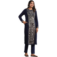 Ishin Women's Navy Blue Jacquard Style Ethnic Motifs Straight Winterwear Kurta