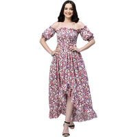 Oomph! Flared Dress For Women Stylish | Long One Piece For Women | Off Shoulder Puff Sleeve Long Dress | Floral Print Maxi One Piece | Western & Fusion Wear Bohemian Style