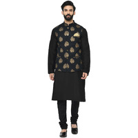 Kisah Men Black Kurta Jacket Set Cotton Blend Fabric Full Sleaves, Knee Length, Regular Fit, Mandarin Collar Ethnic Wear, 40