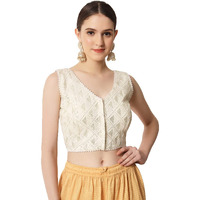 Pujia Mills Womens Readymade Fancy Embroidery With Sequins Work Sleeveless Solid Saree Blouse(Pragya) (36, Cream)