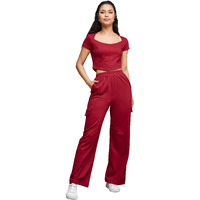 Miss Chase Women's Wide Neck Short Sleeve Solid Regular Length Flap Pocketed Cotton Panelled Co-Ord Set (Mcss23C01-10-143-05, Maroon, L)