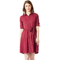 Miss Chase Women's Maroon Solid Belted Shirt Dress(Mcaw18D12-38-143-03,Maroon,Small)