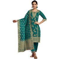 Sanisa Women's Silk Blend Jacquard Work Straight Kurta With Pant And Dupatta Set (222Kbd2358N-L_Teal Green And Golden)