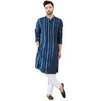 See Designs Full Sleeve Side Slit Teal And Gold Chanderi Silk Sequins Mandarin Collar Kurta With Pyjama - Sdkt242901Xs
