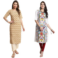 Pinkmint Printed Round Neck Kurta Set For Women Ll Kurti & Pant Set For Women Ll Regular Fit Kurta Set (Pack Of 2)
