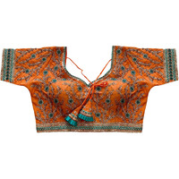 Pujia Mills Women's Milan Silk Embroidered With Sequins Work Half Sleeve Blouse (Indra Orange 42)