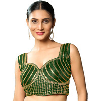 Pujia Mills Women's Readymade Sleeveless Sweetheart Neck Back Hook Open Saree Fancy Blouse (Green, 38)