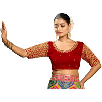 Pujia Mills Women's Indian Ethnic Wear Designer Maggam With Zari Embroidery With Sequence Work Round Neck Half Sleeve Readymade Saree Blouse Stitched Bridal Special Red Color Blouse Lehenga Choli