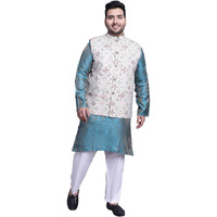 Sojanya (Since 1958 Men's Silk Blend Teal Blue Kurta & Cream Printed Nehrujacket With White Pyjama Set