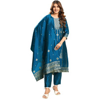 Sanisa Women's Silk Blend Jacquard Work Straight Kurta With Pant And Dupatta Set (222Kbd2356N-Xl_Teal Blue & Golden)