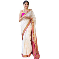 Satrani Women's Poly Silk Kanjivaram Jacquard Saree With Unstitched Blouse Piece(2653S143N_White & Gold)