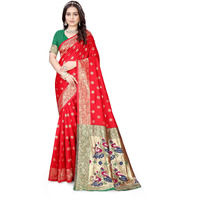 Sugathari Women's Banarasi Saree Pure Paithani Kanjivaram Silk Soft New Ladies 2024 Design Wear Pattu Sarees Latest Cotton Party Sari Collections With Blouse Piece For Wedding Sadi (Pari-205 Red)
