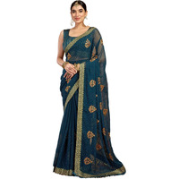 Satrani Women's Georgette Embroidery & Stone Work Saree With Unstitched Blouse Piece (4065S2833N_Rama Blue)