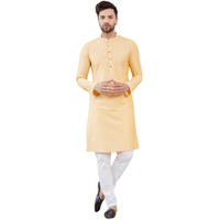 See Designs Men Full Sleeve Side Slit Beige Cotton Solid Straight Mandarin Collar Kurta - Sdkt2414S