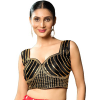 Pujia Mills Women's Readymade Blouse Embroidery Multi Coding Gold Thread Indian Ethnic Designer Stitched Readymade Saree Sleeveless Black Blouse For Women For Saree Lehenga Choli